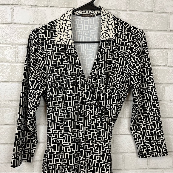 J. McLaughlin Geometric Black and White Contrast Collar Mixed Print Wrap Dress